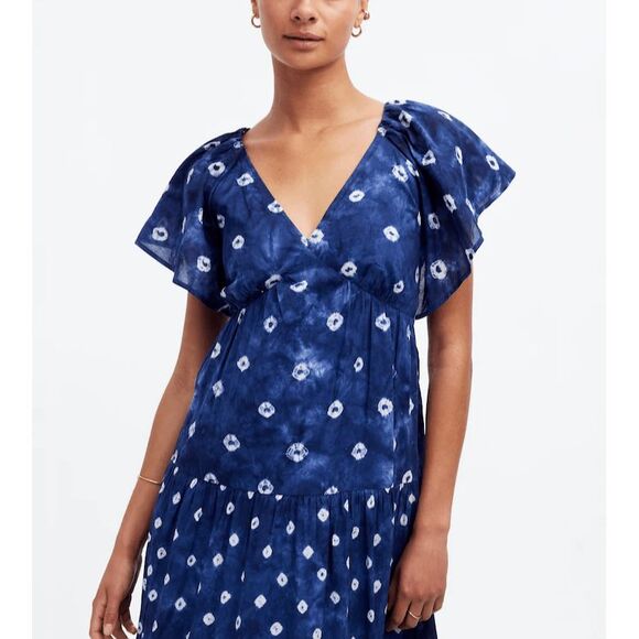 Madewell‎ Midi Dress Womens 0 Tie-Back Flutter-Sleeve Tiered Preppy Casual Boho - Picture 1 of 13